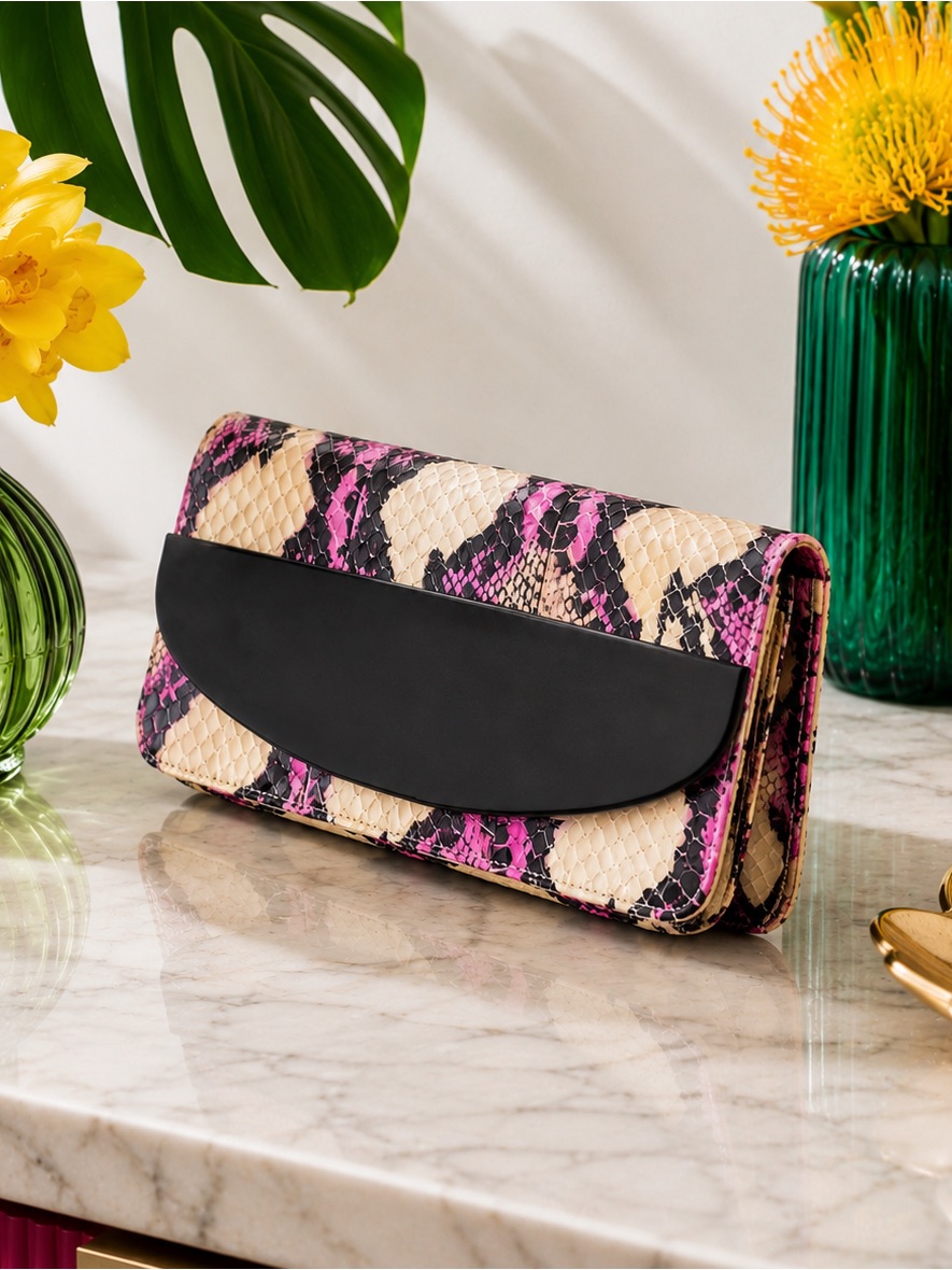Kotur Pink Python Snakeskin Clutch Exotic Foldover Evening Bag W Black Accent